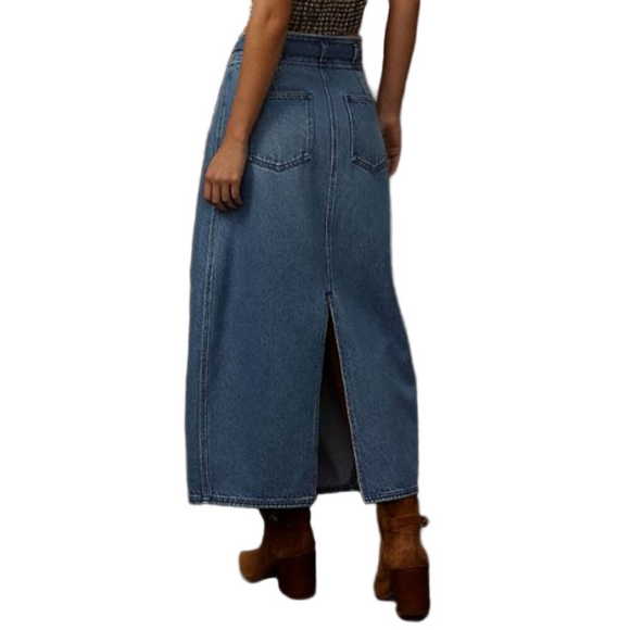Pilcro Barrel Denim Maxi Skirt Rear Slit Pockets Jean Midi Anthropologie 26W - Picture 3 of 10